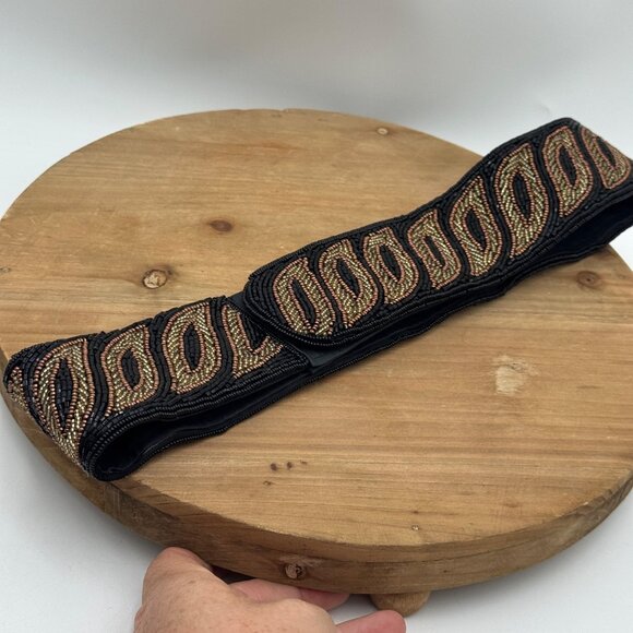 La Regale Fabric Beaded Black Gold Silver 2.25” WIDE Belt SZ S Hook Loop vintage - Picture 1 of 14